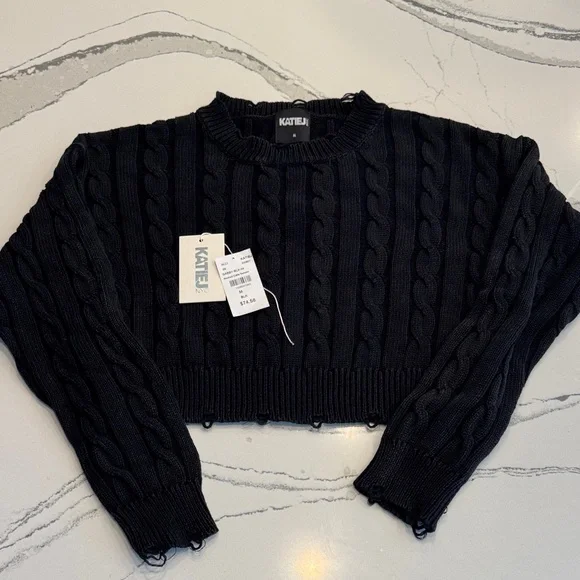 KatieJNYC Girls Washed Cable Sweater Black Size M - Picture 2 of 10